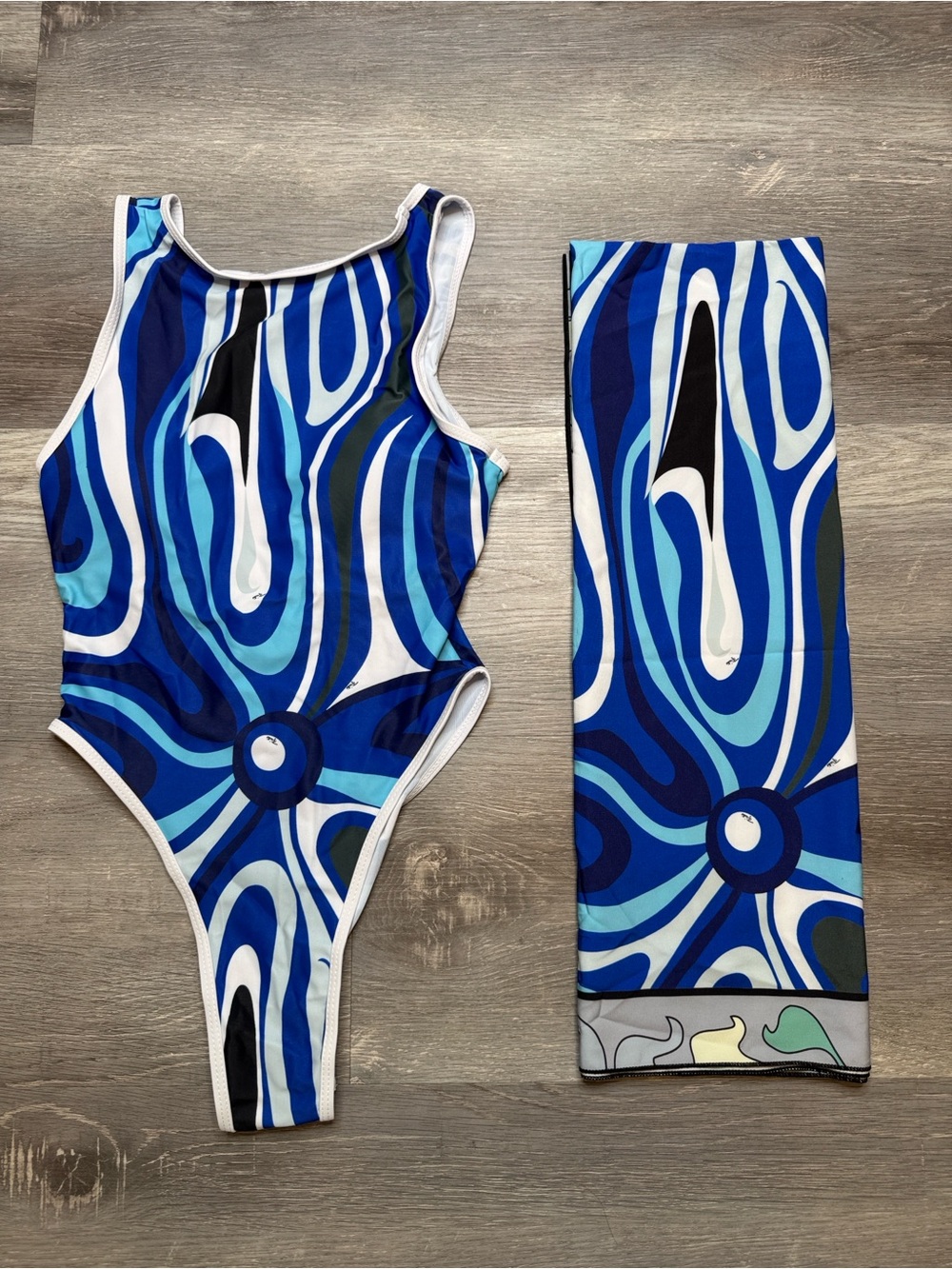 Emilio Pucci Blue Abstract Swirl One-Piece Swimsuit with Matching Cover